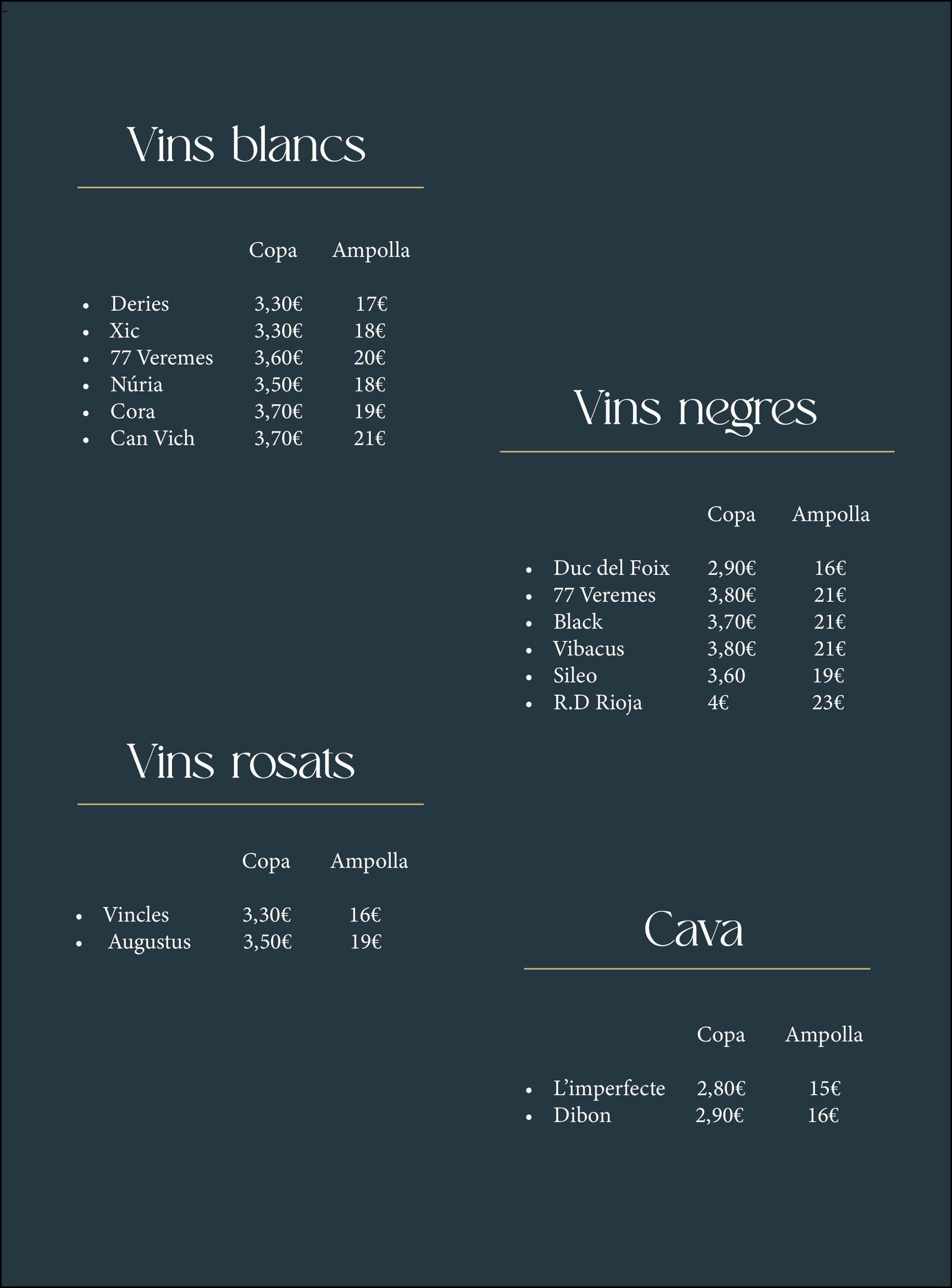 Carta de bebidas y vinos de Romaní